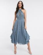 Asos Design Halter Midi Skater Dress In Embellishment With Flare Panels In Blue-blues
