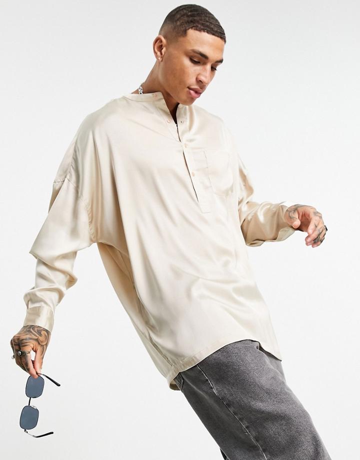 Asos Design Oversized Overhead Satin Shirt With Grandad Collar In Champagne-neutral