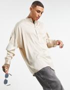 Asos Design Oversized Overhead Satin Shirt With Grandad Collar In Champagne-neutral