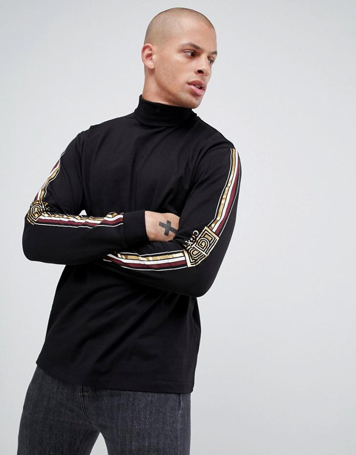 Asos Design Relaxed Long Sleeve T-shirt With Roman Numeral Sleeve Print And Roll Neck - Black