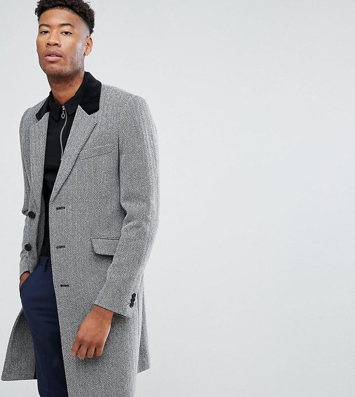 Asos Tall Wool Mix Overcoat In Herringbone With Velvet Collar - Gray