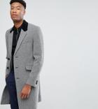 Asos Tall Wool Mix Overcoat In Herringbone With Velvet Collar - Gray