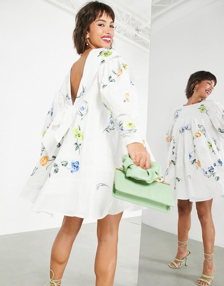 Asos Edition Bow Back Trapeze Mini Dress With Lace And Floral Embroidery-white