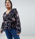Missguided Plus Floral Print Ruffle Front Blouse - Navy