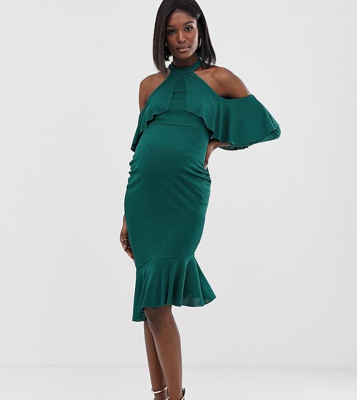 Asos Design Maternity High Neck Ruffle Cold Shoulder Midi Dress With Pep Hem-green