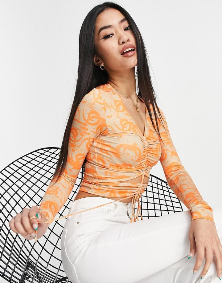 Monki Cut-out Ruched Detail Top In Orange Tattoo Print