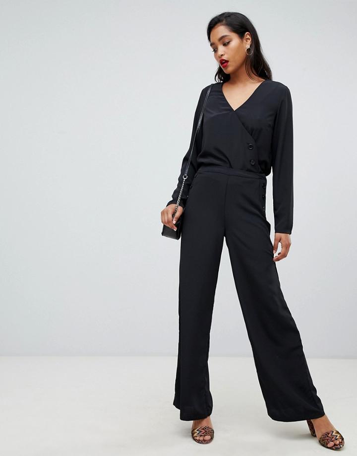 Vila Button Detail Wide Leg Pants-black