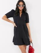 Asos Design Cotton Tiered Mini Smock Dress In Black