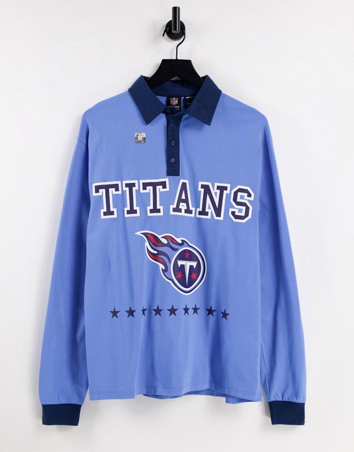 Asos Design Long Sleeve Rugby Polo With Nfl Titans Print In Blue-blues