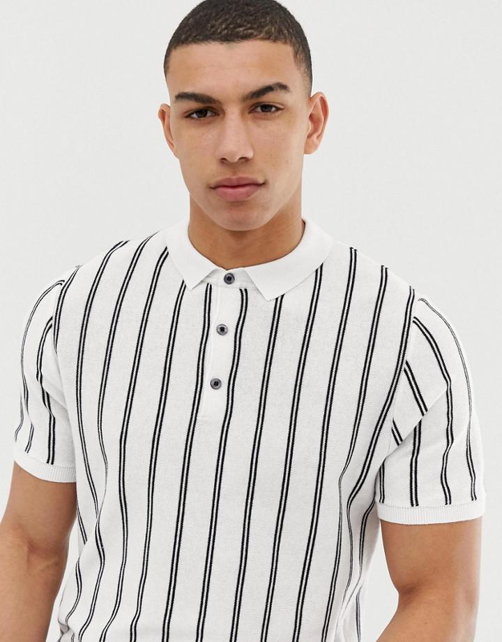 New Look Knitted Polo Shirt With Vertical Stripes In White - White