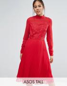 Asos Tall High Neck And Lace Insert Pleated Midi Dress - Red