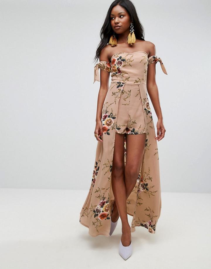 Parisian Off Shoulder Floral Maxi Dress With Shorts - Beige