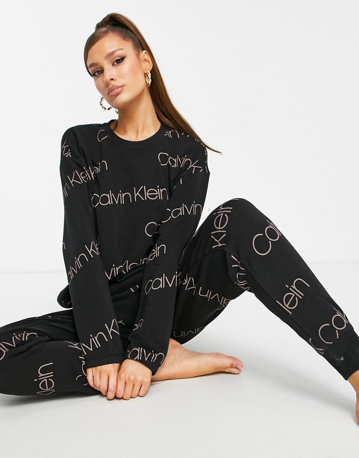 Calvin Klein Icon Lounge Diagonal Icon Logo Print Lounge Sweat Top In Black