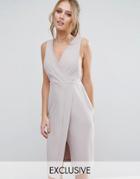Closet V Neck Wrap Front Midi Dress - Gray