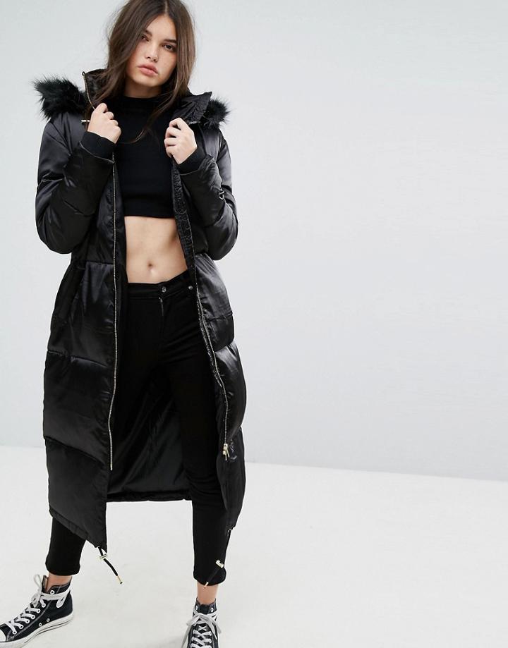 Missguided Black Longline Satin Padded Jacket - Black