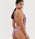 Asos Design Petite Ultra High Leg Cross Back Swimsuit In Bright Pink Animal-multi