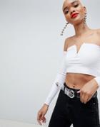 Asos Design Off Shoulder Plunge Front Long Sleeve Top In Rib - White