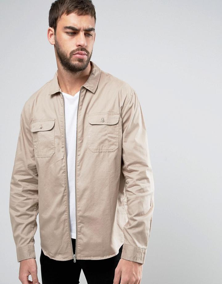 Brave Soul Long Sleeve Zip Through Shirt - Stone