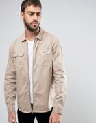 Brave Soul Long Sleeve Zip Through Shirt - Stone