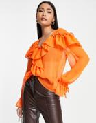 River Island Frill Detail Chiffon Blouse In Orange