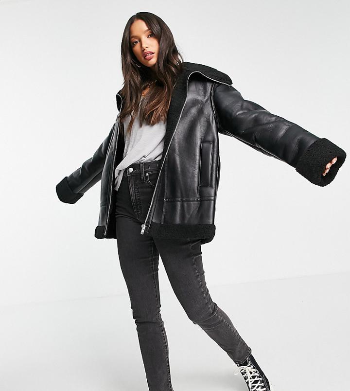 Asos Design Tall Sherpa Aviator In Black