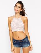 Asos Crop Top With Halter Neck And Tie Back In Gingham Print