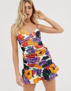 Asos Design Bold Floral Ruched Mini Dress-multi