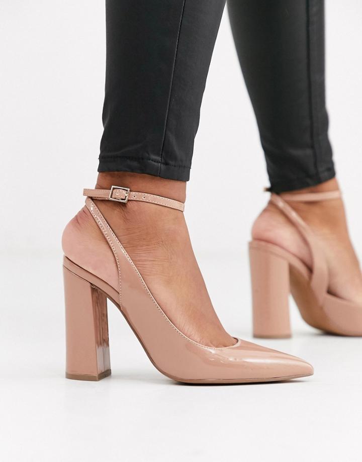 Asos Design Pace High Block Heels In Beige Patent