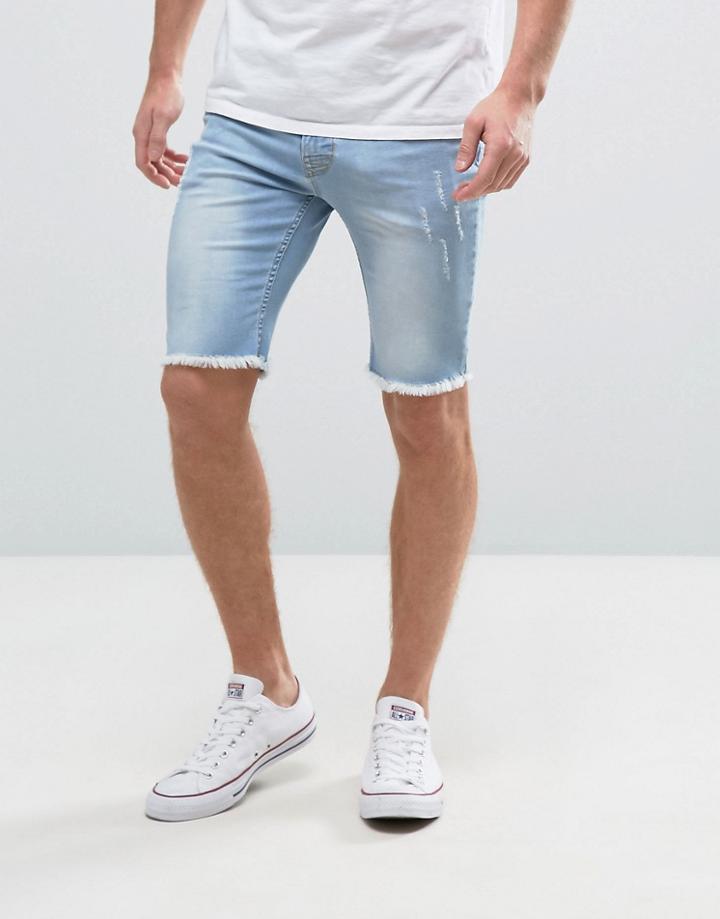 Hoxton Denim Vintage Light Wash Shorts With Raw Hem In Skinny Fit - Blue