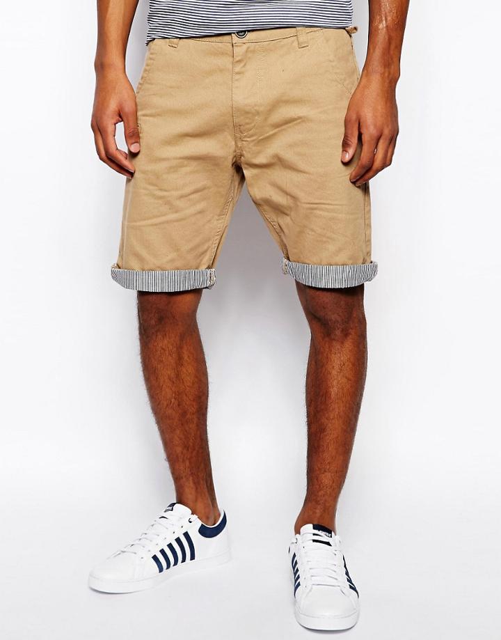 Brave Soul Chino Shorts Stripe Turn Up - Stone