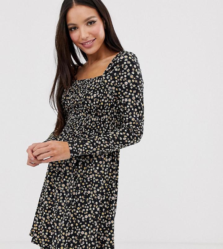 New Look Tall Square Neck Long Sleeve Dress In Ditsy Floral - Black