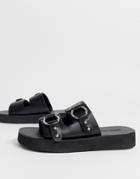 Asos Design Ficton Premium Leather Hardware Flat Sandals In Black