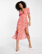 French Connection Midi Dress With Tie Waist In Red Smudge Print