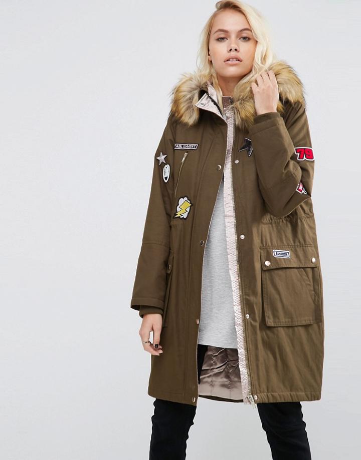 Asos Badged Parka With Satin Lining - Green