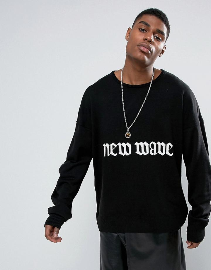 Granted Oversized Sweater In Black With New Wave Statement - Black