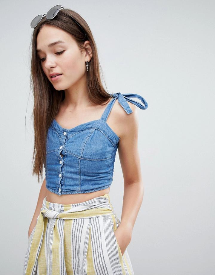 Bershka Cropped Button Detail Denim Top In Blue - Blue