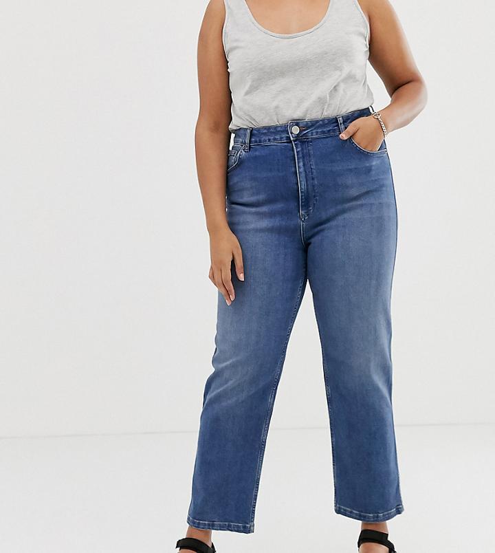 Asos Design Curve Farleigh High Waisted Straight Leg Jeans In Dark Stone Wash - Blue