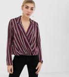Miss Selfridge Stripe Blouse With Deep V-neck In Burgundy-red