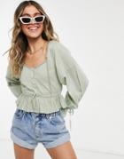 Asos Design Button Up Top With Pleated Sleeve In Sage-multi