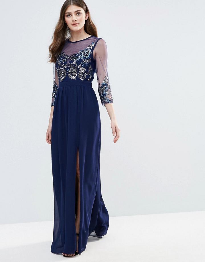 Little Mistress Embellished Sheer Maxi Dress - Navy
