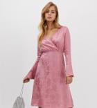 Boohoo Midi Wrap Dress With Flare Sleeve In Pink Jacquard Satin - Pink