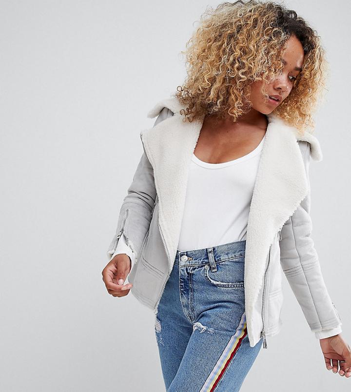 New Look Petite Faux Suede Biker Jacket - Gray
