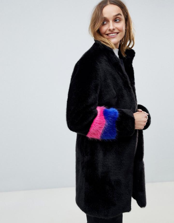 Barney's Originals Color Block Sleeve Faux Fur Coat - Black
