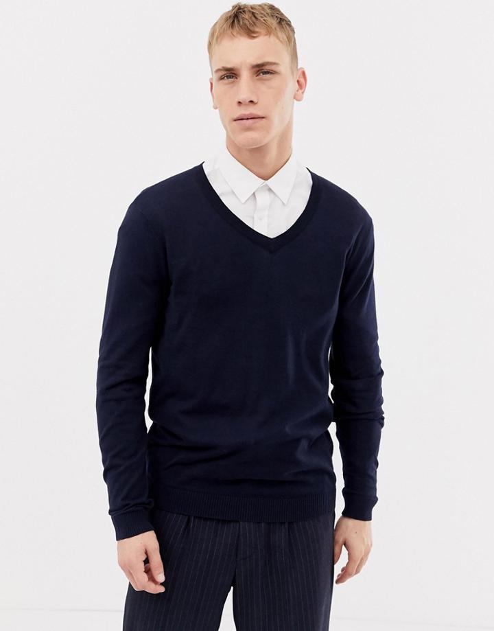 Asos Design Cotton V-neck Sweater In Navy