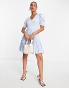 Closet London Puff Sleeve Pleated Mini Dress In Powder Blue