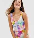 Monki Scoop Neck Swimsuit In Rainbow Tie Dye-white