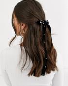 Asos Design Bow Hair Clip With Pearls In Black Velvet