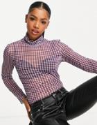 Pieces Fenola Long Sleeve Mesh Top In Lavender Check-multi