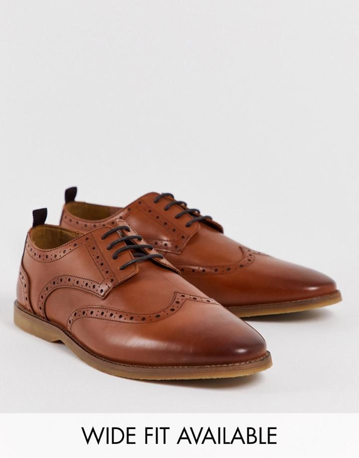 Asos Design Brogue Shoes In Tan Leather With Faux Crepe Sole-brown