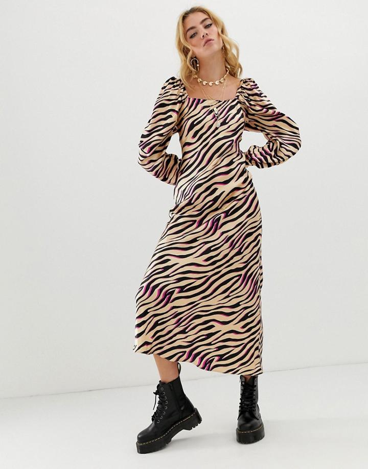 Asos Design Bias Cut Maxi Dress In Zebra Print With Long Sleeves - Multi